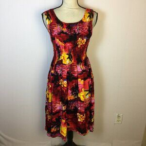 Sunny Island Hawaiian Dress One Sz S/M Womans Tropical Sleeveless Smocked Rayon